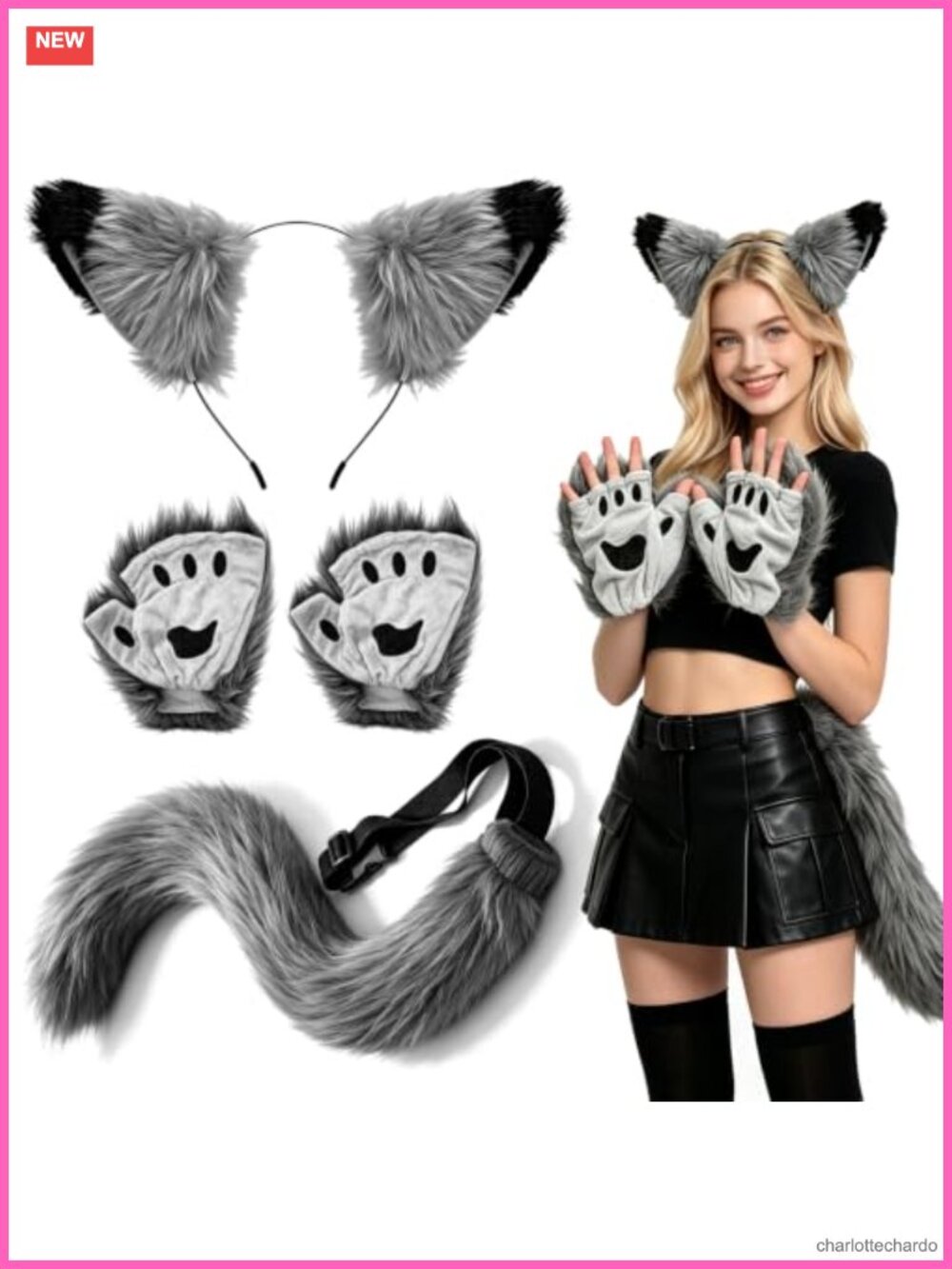 3 Pc Wolf Ears Headband Paws Gloves Tail Costume Set Adult Halloween Cosplay